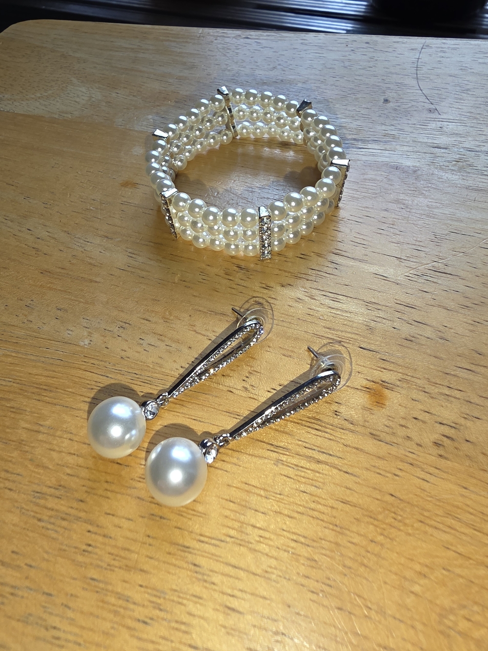 Pearl Drop Earrings and Multi-Row Pearl Bracelet Set